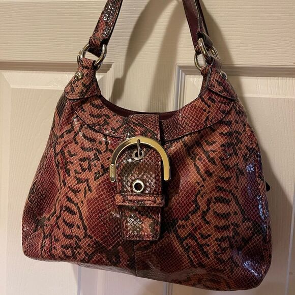 Coach snake skin print Burgundy,pink & black shoulder bag silver tone hardwares - Picture 1 of 16